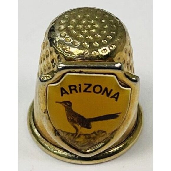 Goldtone Metal Enamel Arizona State Travel Souvenir 0.75" Roadrunner THIMBLE - Picture 1 of 4